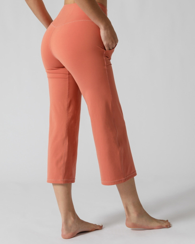 Summer Hot Sale New High Waist Pocket Wide Leg Yoga Cropped Straight Pants Solid Color S-XL