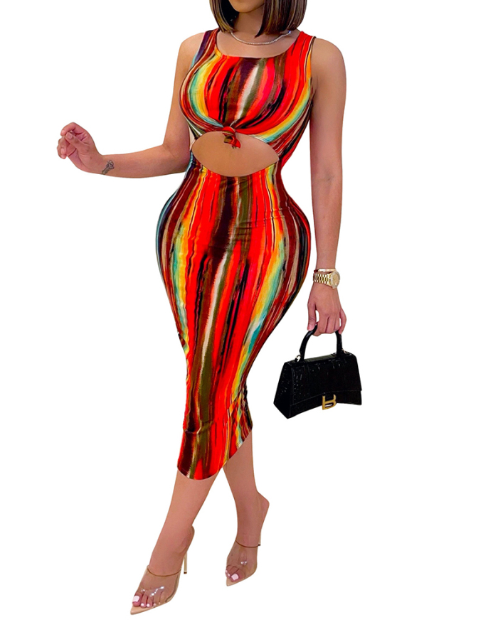 Women Hollow Out Tie-Dye One Piece Dress Red Blue Yellow S-2XL
