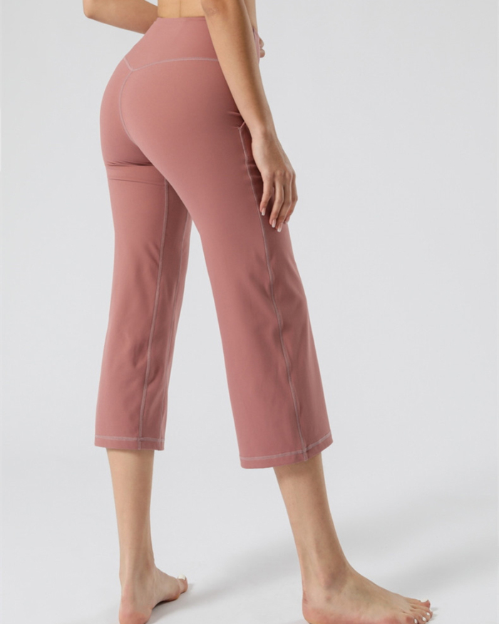 Summer Hot Sale New High Waist Pocket Wide Leg Yoga Cropped Straight Pants Solid Color S-XL