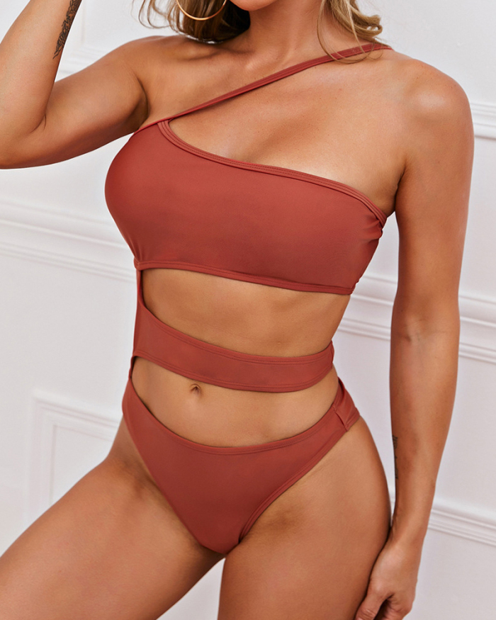 Ladies Fashion New Sexy Slanted Shoulder Side Waist Hollow Nylon One-Piece Swimsuit Solid Color S-L