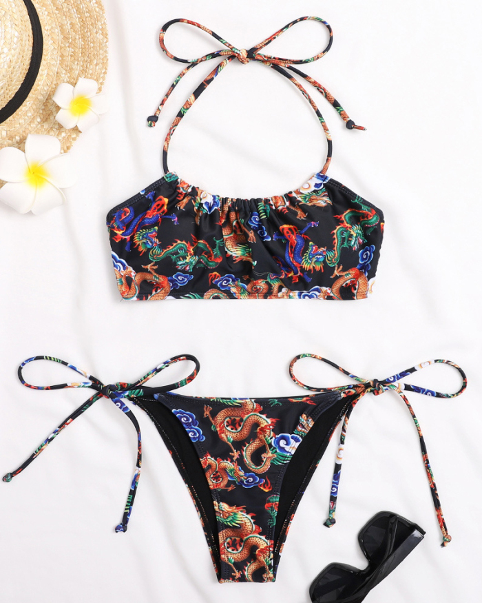 New Printing Hot Sale Women Tie Side String Two-piece Swimsuit Black Red S-L