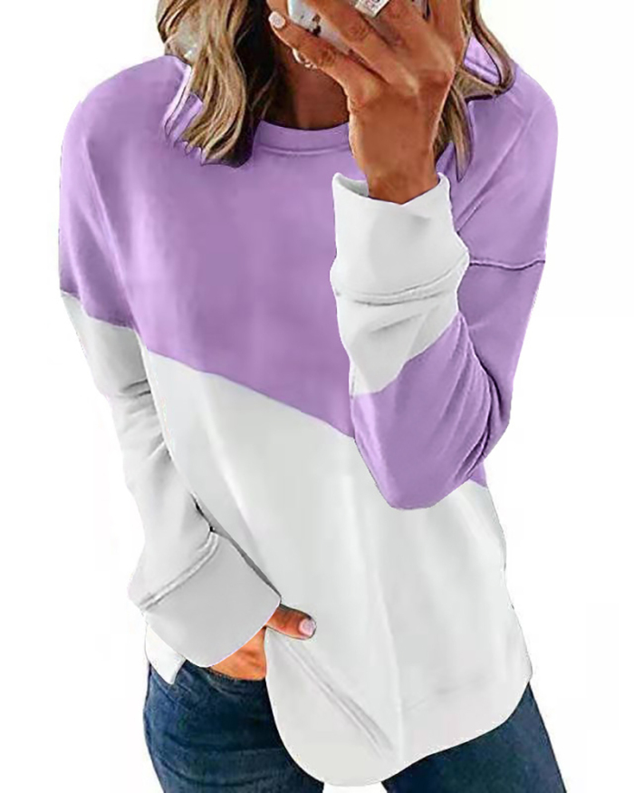 Woman New Color-Blocking Long-Sleeved Round Neck Contrast Color Loose T-shirt Top S-XXL