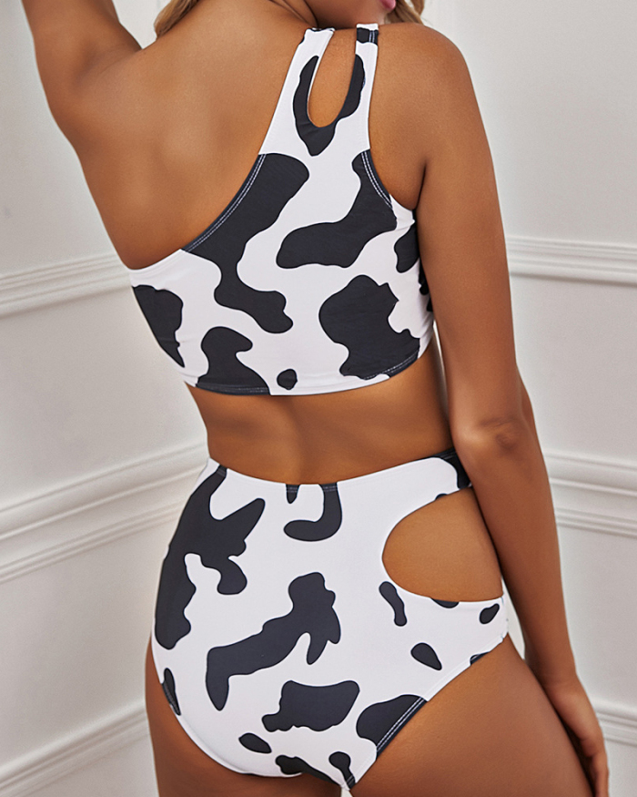 Fashion New Ladies Cow Pattern Printed High Waist Side Hollow Split Two-Piece Bikini Swimsuit S-L