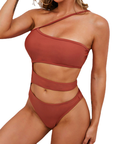 Ladies Fashion New Sexy Slanted Shoulder Side Waist Hollow Nylon One-Piece Swimsuit Solid Color S-L