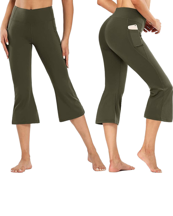 Women Casual Soft Solid Color Seven-point Bell Bottomed Pants Yoga Bottoms Khaki Red Gray Green Black Light Purple Navy Blue S-3XL
