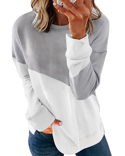 Woman New Color-Blocking Long-Sleeved Round Neck Contrast Color Loose T-shirt Top S-XXL