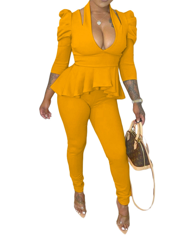 Woman Fashion Halter Puff Sleeve Ruffle Solid Color Two-Piece Set S-XL