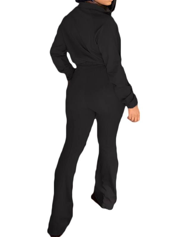 Ladies Fashion Zipper Waist Strap Flared Pants Sexy Line Long Sleeve Two-Piece Suit S-XXL