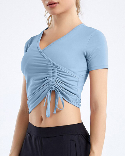 2021 Summer New Short Sleeve Yoga Shirts Fitness Gym Women V-Neck Drawstring Design Crop Top Sports Elastic Dry Quick T Shirt