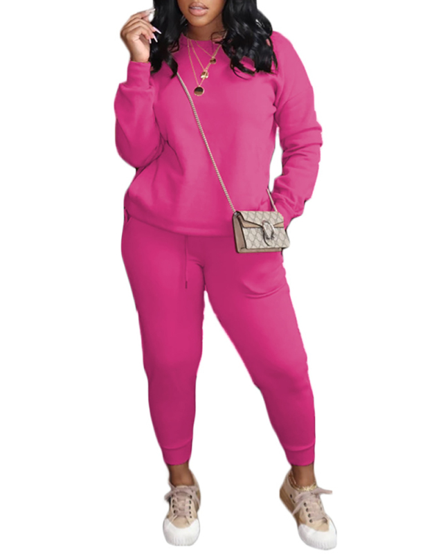 Women Fashion Hot Sale Round Neck Long Sleeve Pocket Casual Two-piece Set Solid Color S-XXL