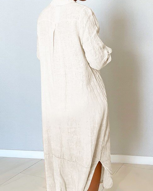 Woman Spring and Summer New Style Long-Sleeved Lapel Pleated Loose Large Size Shirt Long Dress White Khaki Rose Red S-3XL