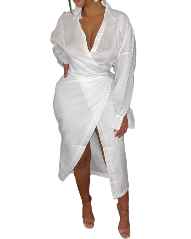 Woman Fashion Solid Color Tie Split Mid-Skirt Dress S-XL
