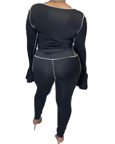 Autumn Women Personality Long Sleeve Line Design Sport Suit