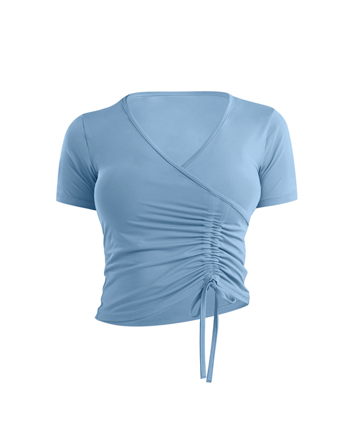 2021 Summer New Short Sleeve Yoga Shirts Fitness Gym Women V-Neck Drawstring Design Crop Top Sports Elastic Dry Quick T Shirt