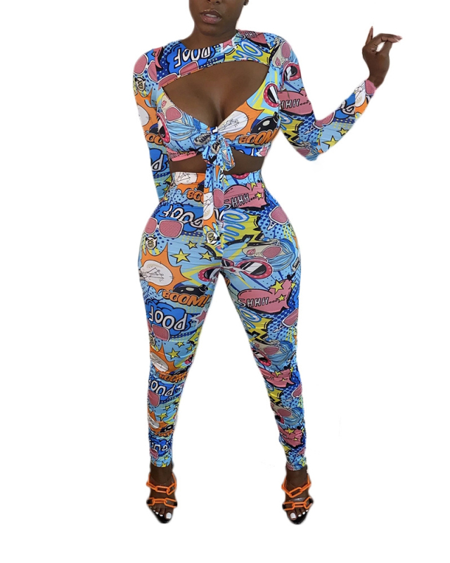 Women Clothing Cartoon Print Pleated Sexy Two-piece Set