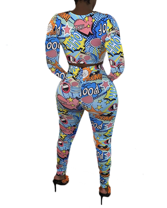 Women Clothing Cartoon Print Pleated Sexy Two-piece Set