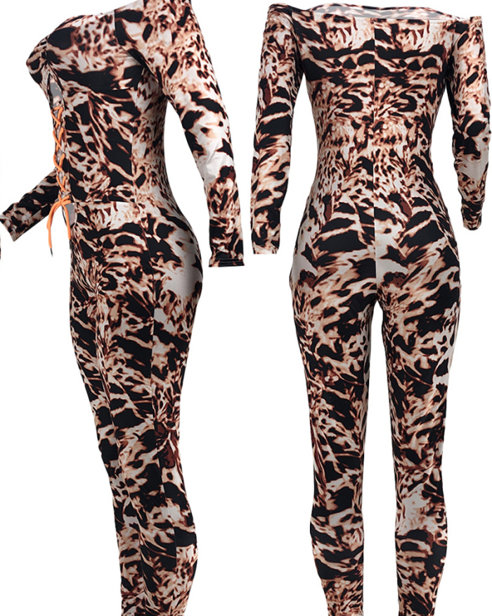 Woman Sexy Leopard Print Drawstring Pleated One Shoulder Jumpsuit S-XL