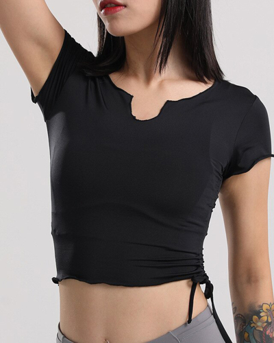 New Lotus Leaf Side Drawstring Design Women Sexy V Collar Yoga Shirts Tight Sports Short-Sleeve T Shirts Running Crop Top