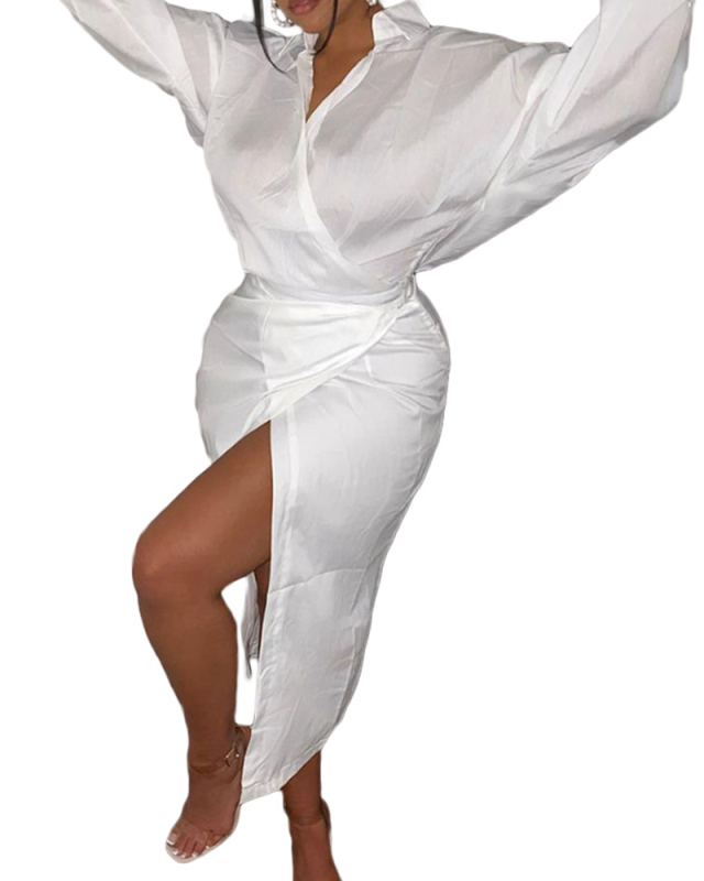 Woman Fashion Solid Color Tie Split Mid-Skirt Dress S-XL