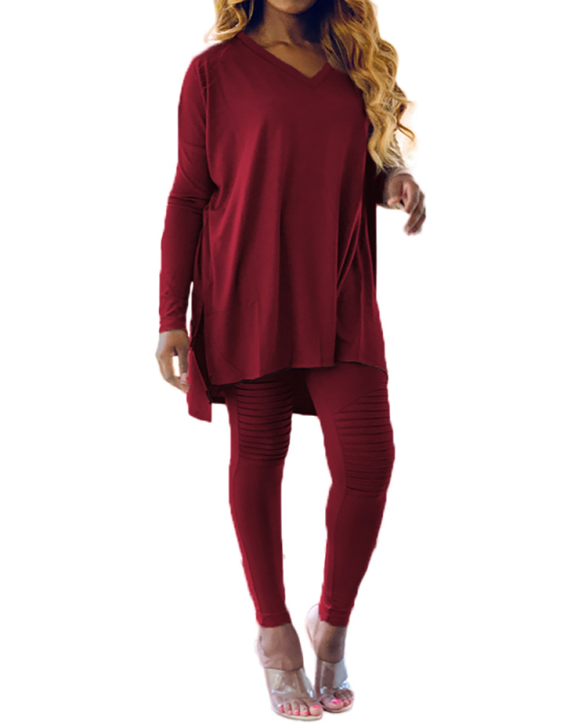 Women Clothing Pure Color Pleats Women Casual Two Piece Set