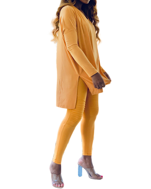 Women Clothing Pure Color Pleats Women Casual Two Piece Set