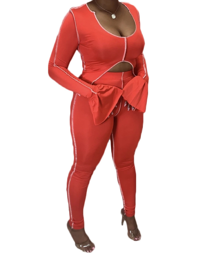 Autumn Women Personality Long Sleeve Line Design Sport Suit