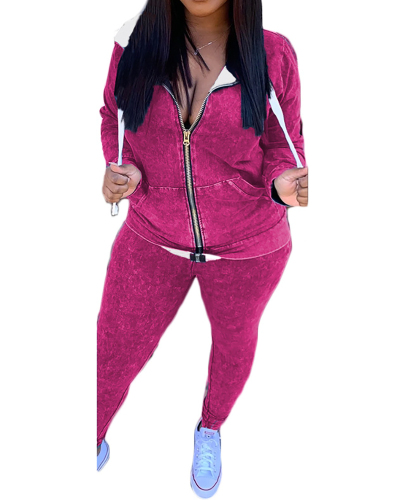 Fashion Women's Personality Printed Zipper Drawstring New Leisure Sports Suit Solid color S-XXL
