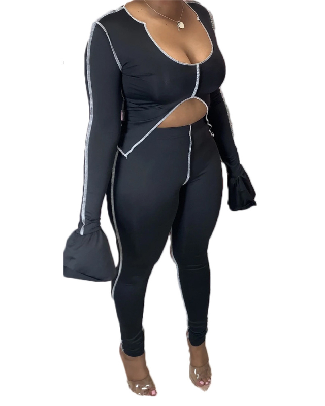 Autumn Women Personality Long Sleeve Line Design Sport Suit