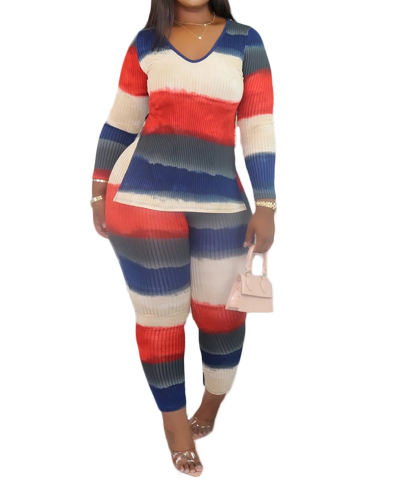 Casual Two-piece Ladies Digital Print Suit With Pit Stripes