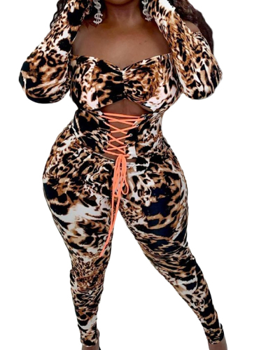 Woman Sexy Leopard Print Drawstring Pleated One Shoulder Jumpsuit S-XL