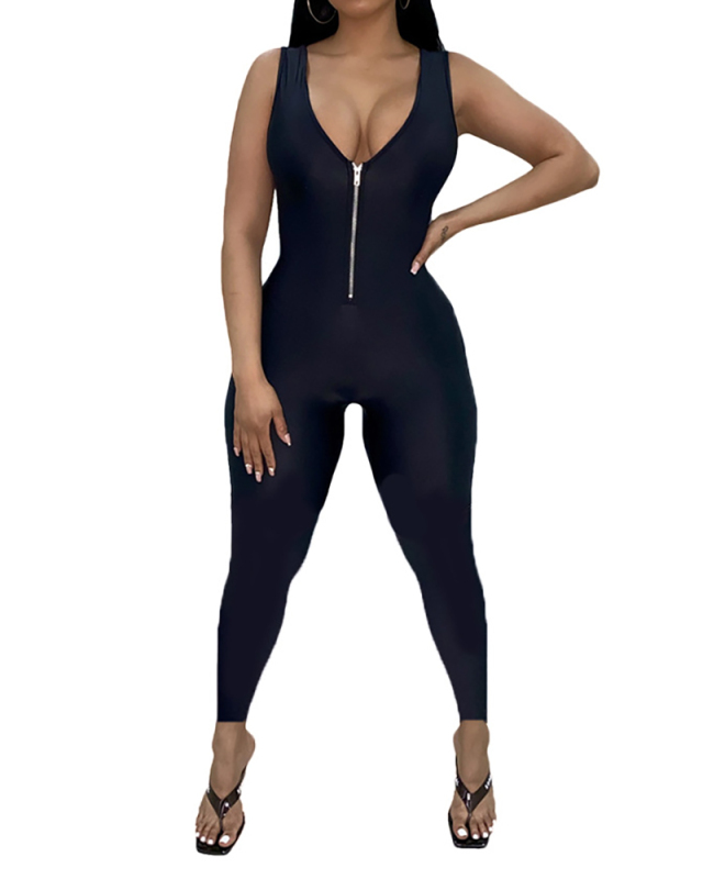 Women Clothing Sexy Solid Color Jumpsuit With Zipper