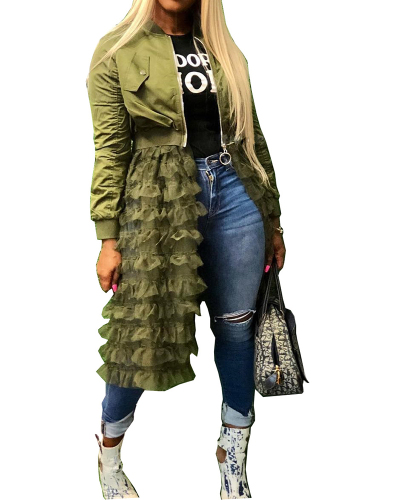 Woman Fashion Zipper Solid Color Mesh Lace Skirt Jacket S-3XL