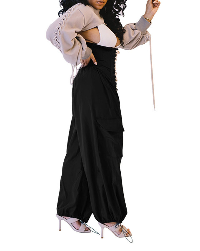 Woman Fashion High-Waist Corn-Eye Strap Wide-Leg Pants Black Army Green S-2XL