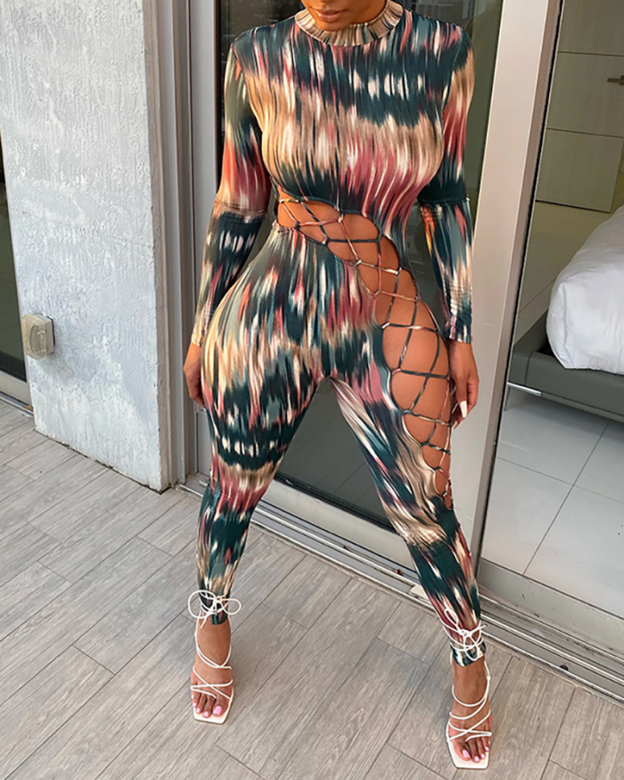 Women's Fashion Long-Sleeved Colorful Christmas Print Hollow Straps Personalized Slim Jumpsuit X-2XL