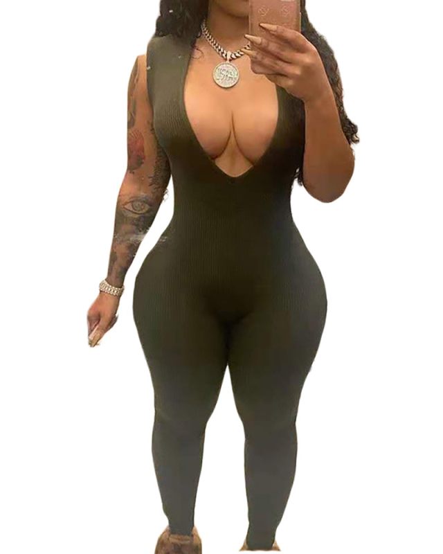 Ladies Fashion Hot Sale Deep V Neck Hollow OuT Sleeveless Slim Fit Jumpsuit Solid Color S-XXL