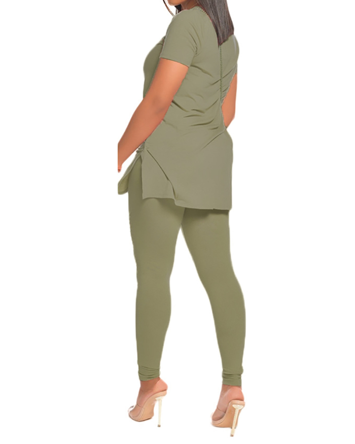 Women Short Sleeve Casual Wear Solid Color Pants Sets Two Pieces Outfit Pink Yellow Gray Wine Red Army Green Light Green Blue S-2XL