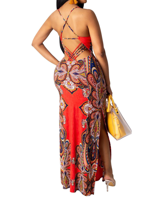 Women Printing Sleeveless Long One Piece Dress S-XL 