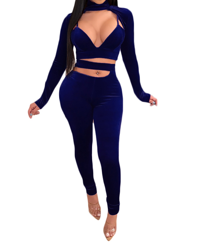 Ladies Fashion Sexy Front Chest Irregular Hollow Deep V Long Sleeve Temperament Set Solid Color S-XXL