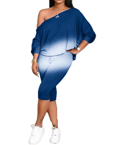 Woman Casual Gradient Oblique Shoulder Plus Size Two-Piece Fashion Set Black Blue Wine Red S-4XL
