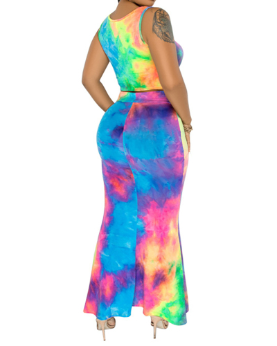 Women Casual Sleeveless Tie-dye Skirt Sets Two Pieces Outfit S-2XL