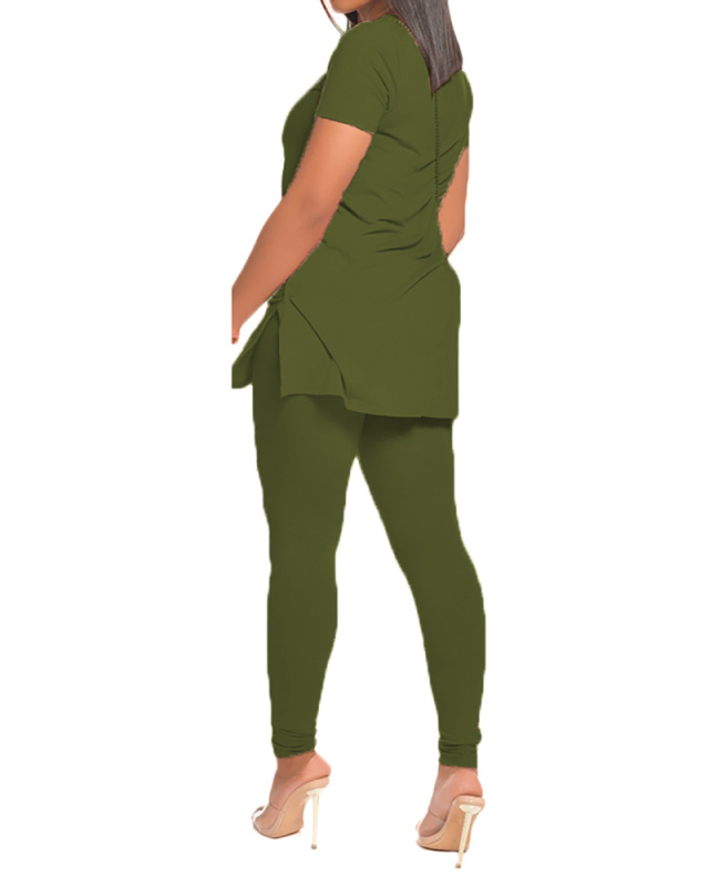 Women Short Sleeve Casual Wear Solid Color Pants Sets Two Pieces Outfit Pink Yellow Gray Wine Red Army Green Light Green Blue S-2XL