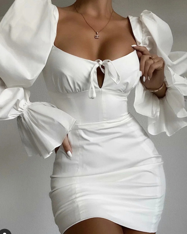 Women Sexy Club Party Wear Long Puff Sleeve Square Collar Fashion Mini Dresses Yellow White Red S-XL