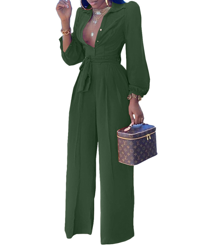 Woman New Style Casual Shirt Collar Jumpsuit with Belt S-3XL
