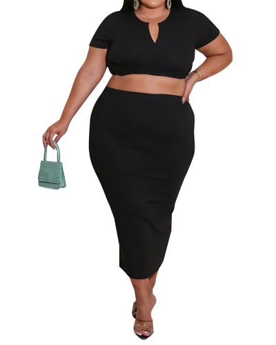 Stylish Solid Color Short Sleeve Plus Size Two Piece Sets Women Skirt Sets Black XL-5XL