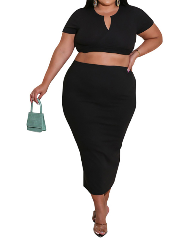 Stylish Solid Color Short Sleeve Plus Size Two Piece Sets Women Skirt Sets Black XL-5XL