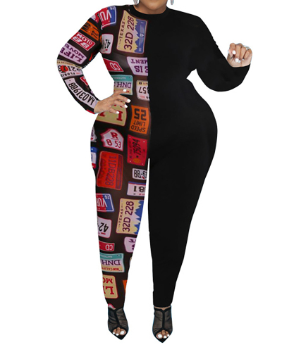 Lady Colorblock Casual Plus Size Jumpsuit Black XL -5XL 