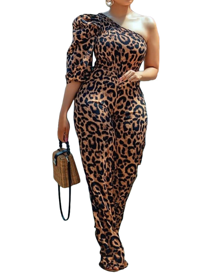Woman Sexy Leopard Print Digital Print Top with Single-Sleeve Jumpsuit S-XL