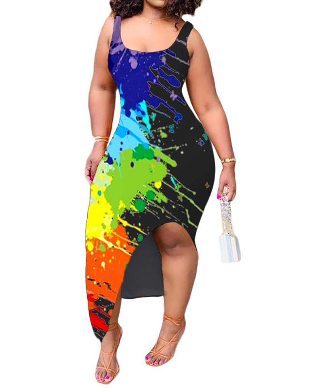 Fashion Women O-neck Sleeveless Graffiti Summer Casual Dresses Black S-2XL