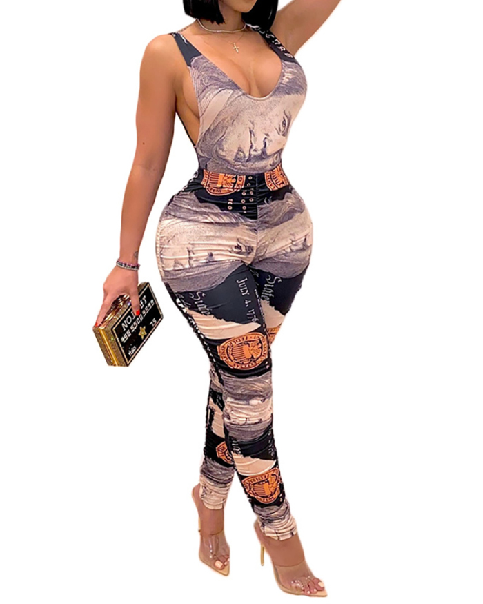 Wholesale Women Sleeveless Dollar Printed Pants Sets Two Pieces Outfit Gray Brown S-XL