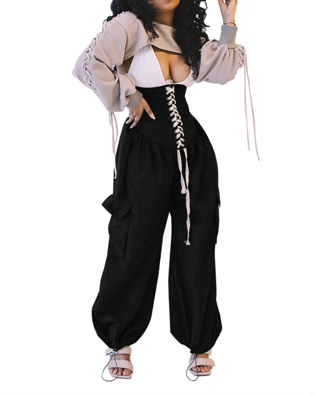 Woman Fashion High-Waist Corn-Eye Strap Wide-Leg Pants Black Army Green S-2XL